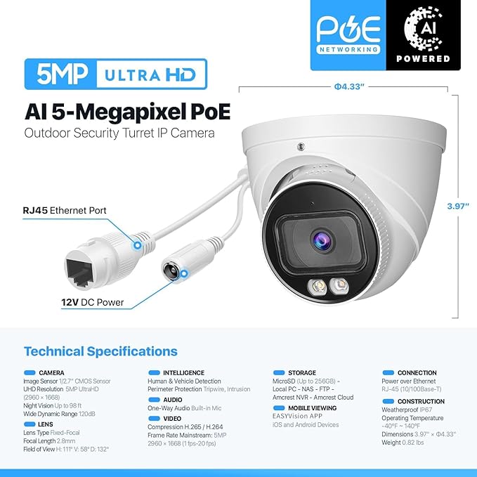 DahuaSecurity 5MP POE IP Turret Camera with AI Human/Vehicle Detection, IP67 Weatherproof, Smart Dual-Light Night Vision, Indoor/Outdoor Dome Camera, Metal Housing, Built-in Mic