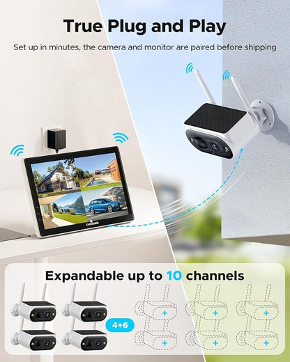 Solar Security Cameras Wireless Outdoor, Quick Installation, No Subscription Cameras for Home Security Camera System, 4MP Color Night Vision, 10CH Expandable, 2.4 & 5GHz WiFi, 4 Cameras with Monitor
