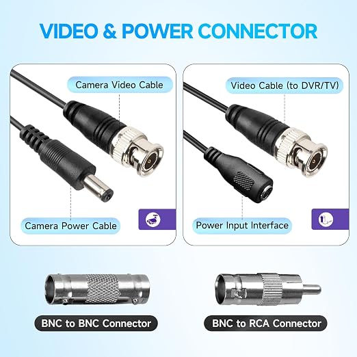 300Ft (91 Meters) 4K 8MP 5MP 2MP 1080P BNC Video and Power Cable, Mini RG59 Wire for CCTV Security Camera Systems, with BNC Connector, RCA Adapter, Cable Clips (Pack of 2)