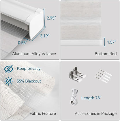 Interior Window Shades, Smart Dual Layer Light Filtering Blinds Compatible with Alexa & Google Home, Customized Size Cordless Electric Window Shades, (Linen White, 55% Blackout)