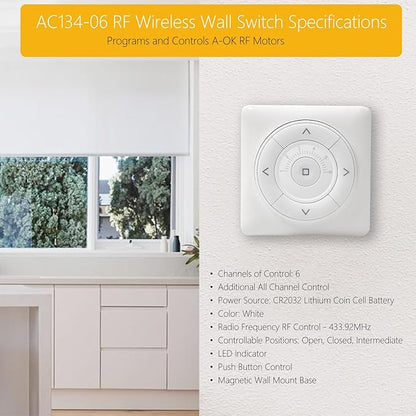 AC134-06 RF Wireless Wall Remote Control - 6 Channel Replacement Transmitter for Individual Shade, Group Room and Whole Home Shade Control