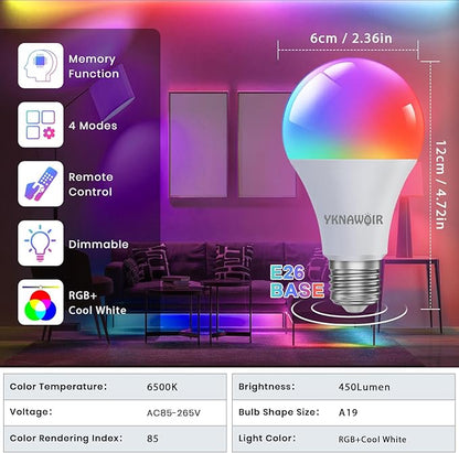 RGB Color Changing Light Bulbs with Remote(2-Pack), 9W 6500K White LED Light Bulbs, A19 E26 40W Equivalent, Colored Light Bulbs, 16 Color Dimmable Multicolor Light Bulb with Memory, for Home, Party