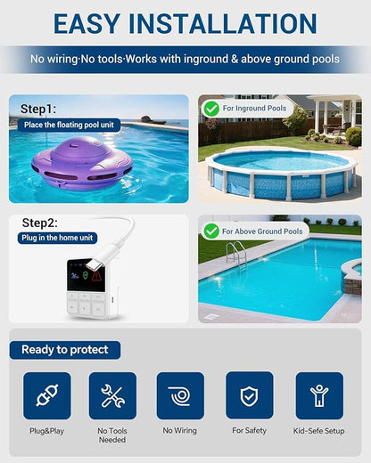 Smart Pool Alarm with App for Inground & Above Ground Pools, Adjustable Sensitivity Water Detection Alarm up to 20x40ft, 85dB+ Safety Alerts for Kids, Pets & Accidental Entry(Purple)