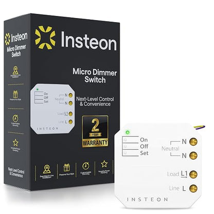 Insteon Micro Dimmer Adaptor, Hidden Install Smart Dimmer Switch - 2442-222 | 50W Dimmable LED or 200W Incandescent, Installs Inside Fixture or Behind Any Existing Switch, Hub Required for Alexa & Google