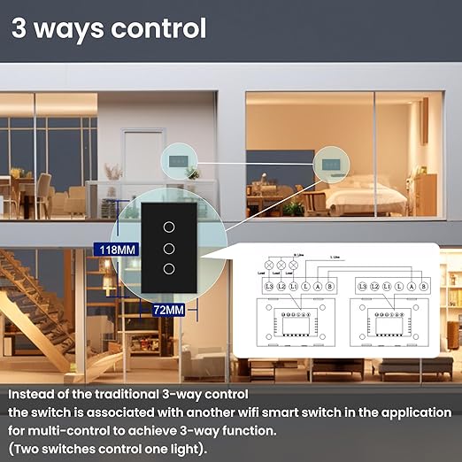 WiFi Smart Light Switch 4.65 X 2.83 X 1.34 Inches,3-Button 2.4GHz Wi-Fi Touch Switch,Neutral Wire Required,Work with Smart Life/Tuya App and Alexa,Black