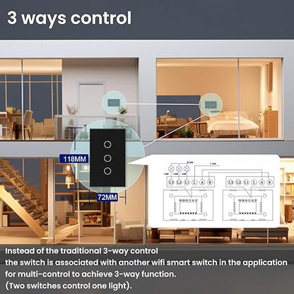 WiFi Smart Light Switch 4.65 X 2.83 X 1.34 Inches,3-Button 2.4GHz Wi-Fi Touch Switch,Neutral Wire Required,Work with Smart Life/Tuya App and Alexa,Black