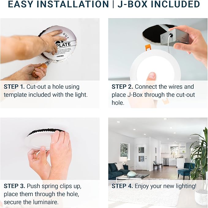 PARMIDA (12 Pack) 4 Inch Square 5CCT Ultra Thin LED Recessed Lighting with Junction Box, 2700K/3000K/3500K/4000K/5000K 5 Color Selectable, 9W, Dimmable, Canless Wafer Slim Panel Lights, IC Rated, ETL