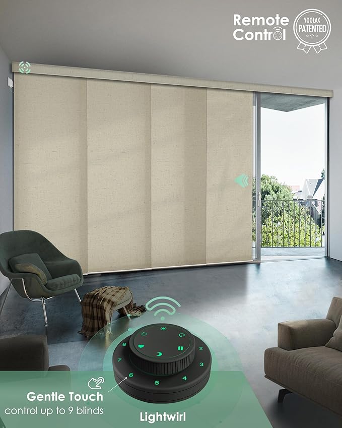 Yoolax Custom XL Smart Sliding Door Blinds, Motorized Sliding Panel Blinds Compatible with Alexa, Light Filtering Vertical Blinds for Glass Doors, Patio Doors,Closet Doors,Half Shading Haystack Yellow