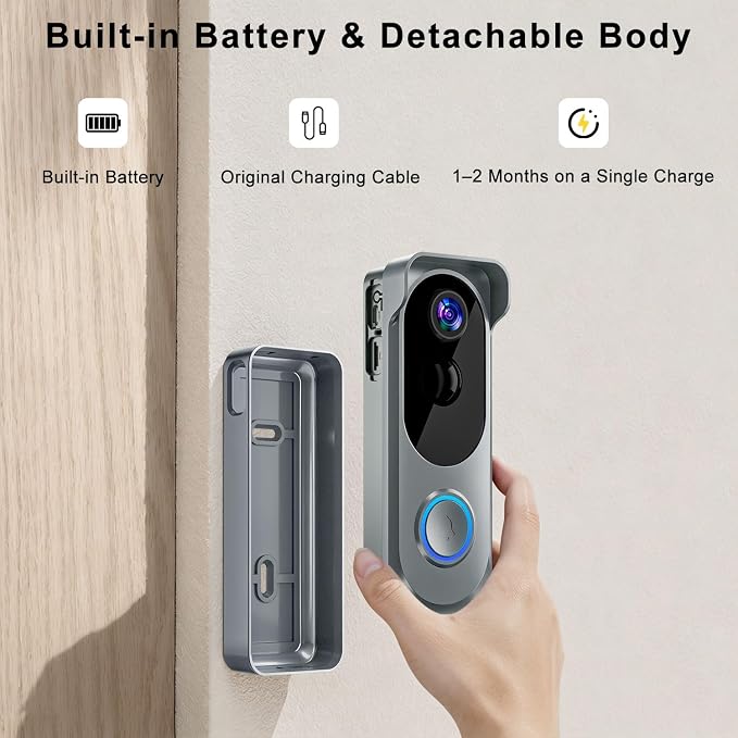 Doorbell Camera Wireless No subscription Required, 2K HD Battery Powered Smart Video door bell Camera with Chime, Wide Angle, Motion Alerts&Two‑Way Talk, Night Vision, Works with Alexa ,2.4G WIFI Only