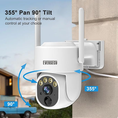 EVERSECU 2K Outdoor-Solar Security Camera Wireless with PTZ 360° View, Smart Siren, Spotlights, Color Night Vision, AI Human Detection, 2-Way Talk, Compatible with Alexa, Cloud/SD Card Storage(4pack)