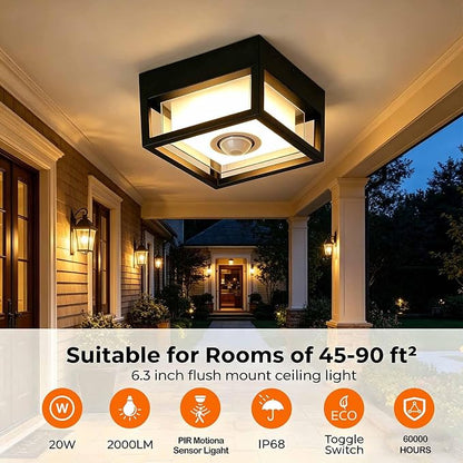 Outdoor Ceiling Light with Motion Sensor, IP65 Waterproof 6.3 inch Porch Lights Outdoor, 20W 3000K LED Square Exterior Wall Lamp for Patio Balcony Terrace