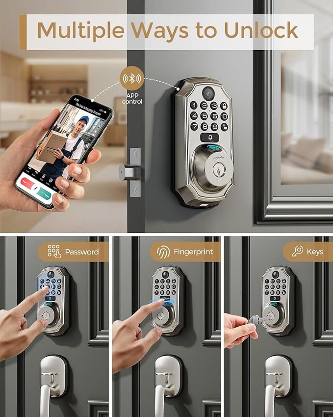 WiFi Smart Lock w/Camera, 5-in-1 Keyless Deadbolt w/Handle for Front Door