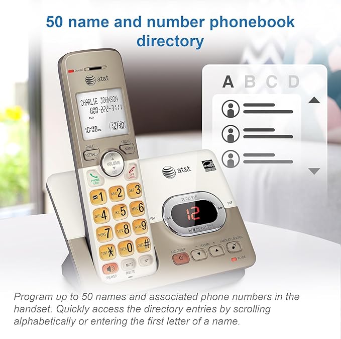 AT&T EL52413 4-Handset Cordless Phone with Digital Answering System, Extra-Large Backlit Keys, Caller ID/Call Waiting, DECT 6.0, Speakerphone – Light Champagne
