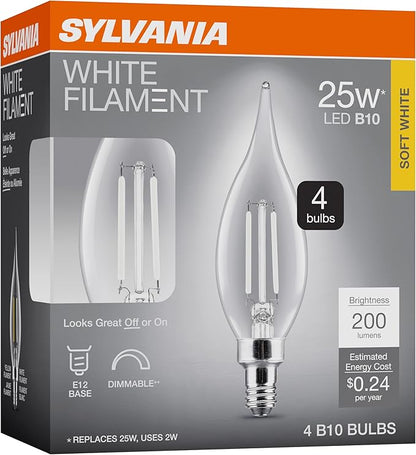 Sylvania B10 Clear LED White Filament Bulb, 2W, Dimmable, 200 LMS, Candelabra Base, 2700K, Soft White - 4 Pack (42263)