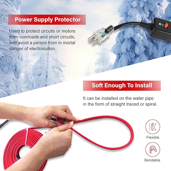 OEBLD Heat Tape for Water Pipes 6FT, Replaceable Smart Thermostat for Pipe Freeze Protection, Self-Regulating Roof Deicing Cable for Metal and Plastic Home Pipes, 110-120V