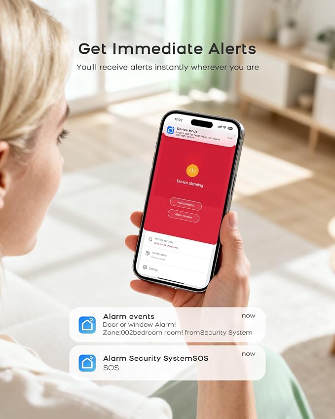 WiFi Door Alarm System, Wireless Alarm System 5 Piece Kit with Phone APP Alert Alarm Siren Door Window Sensor Motion Sensor Compatible with Alexa No Contract Ideal for Home