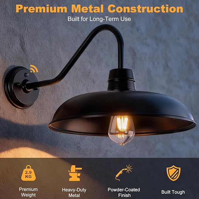 16 Inch Dusk to Dawn Gooseneck Barn Light, 2-Pack Extra Large Farmhouse Porch Lamps, Industrial Vintage Anti-Rust Stain Black Wall Mount Outdoor Fixture with Photocell for Exterior Courtyard Barn Shed