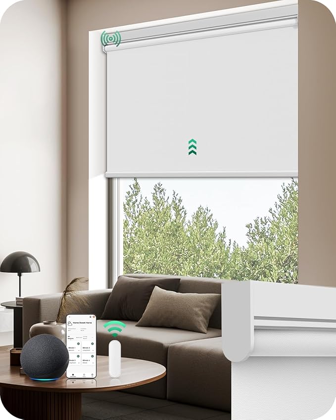 Allesin Motorized Blinds with Remote | Automatic Blackout Roller Shades, Easy Install & Smart Control Electric Blinds for Home Office, Living Room (White 38" W x 72" H)