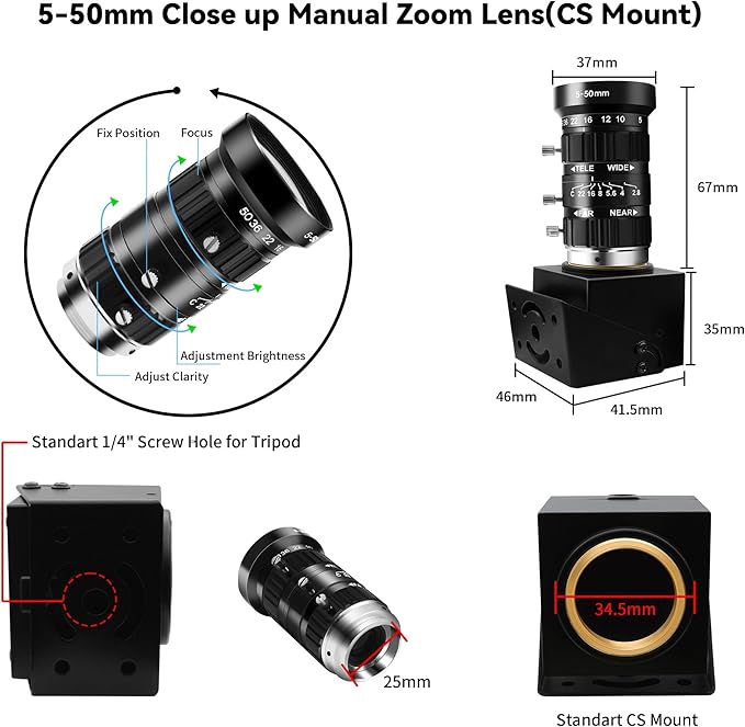 4K USB Webcam 1080P@120fps High Speed Camera With CS-Mount 5-50mm 10X Telephoto Zoom Manual Lens 12MP Close-Up Capability OpenCV Compatible Plug-and-Play for Live Streaming,Industrial Projects