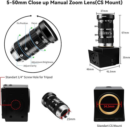 4K USB Webcam 1080P@120fps High Speed Camera With CS-Mount 5-50mm 10X Telephoto Zoom Manual Lens 12MP Close-Up Capability OpenCV Compatible Plug-and-Play for Live Streaming,Industrial Projects