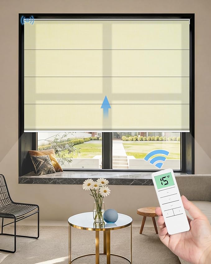 Motorized Roman Shades for Windows, Custom Light Filtering Roman Blinds with Remote, Smart Privacy Window Shades for Living Room Kitchen Office, Alexa & Google Home Compatible, App Control via RF Hub