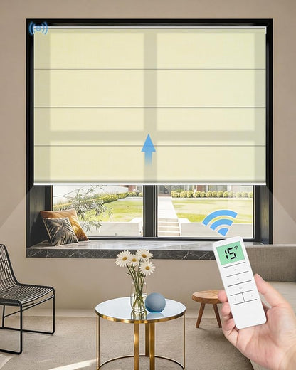 Motorized Roman Shades for Windows, Custom Light Filtering Roman Blinds with Remote, Smart Privacy Window Shades for Living Room Kitchen Office, Alexa & Google Home Compatible, App Control via RF Hub