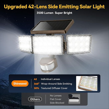 Solar Lights Outdoor, 3500LM 168 LED Motion Sensor Solar Flood Lights, 3 Heads 300° Wide Angle, 3 Modes IP65 Waterproof Solar Security Lights for Yard Garden Patio, 4 Pack (Brown)