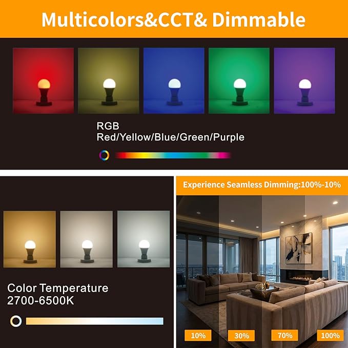Smart LED Bulb A19 9W 3-Pack, 16 Million Colors & White Dimmable, Wi-Fi, Compatible with Alexa Google Home, No Hub Required, Energy Saving