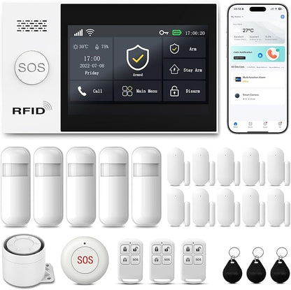 Alarm System for Home Security,4.3in Touch Screen Smart System APP Control | No Monthly Fees,24PcsWiFi+GSM/4G Home Security System,No Pairing Required,Instant App Alerts,Work with Alexa,for Apartment