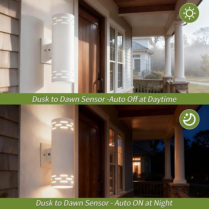 Dusk to Dawn Modern Outdoor Wall Lights, 12'' Up and Down Integrated LED Cylinder Exterior Lighting Fixtures, 23W 3000K IP65 Waterproof Wall Sconces for House, Garage, Patio, Porch, White