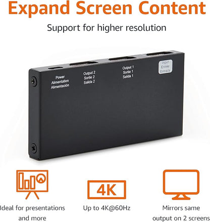 Amazon Basics HDMI Splitter 1 in 2 Out for Dual Monitors, 4K@60Hz, Mirror Only, Black