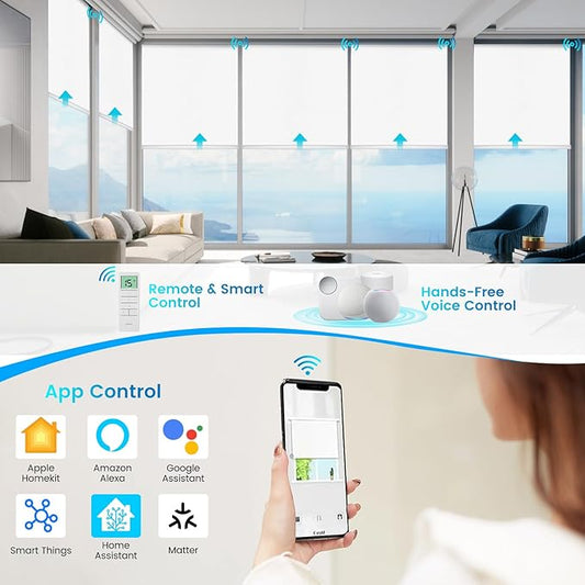 Motorized 100% Blackout Roller Shades – Custom Smart Blinds with Remote Control, Rechargeable Battery or Plug-in Motor, Tuya WiFi Optional, Home & Office Automatic Window Shades (Ash White/CH9391)