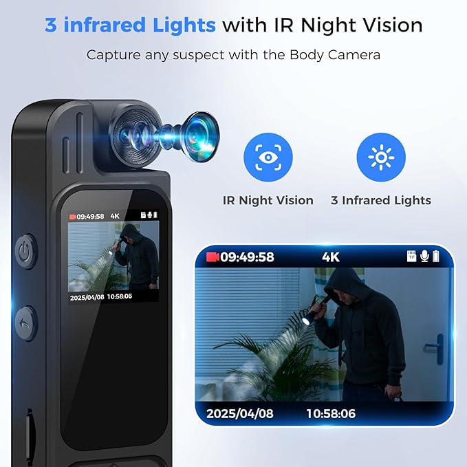 4K Body Camera with Audio and Video Recording: 128GB WiFi Body Cam with 180° Rotating Lens, Night Vision 7Hr Battery Bodycam, Wearable Pocket Camera Camcorder (128GB)