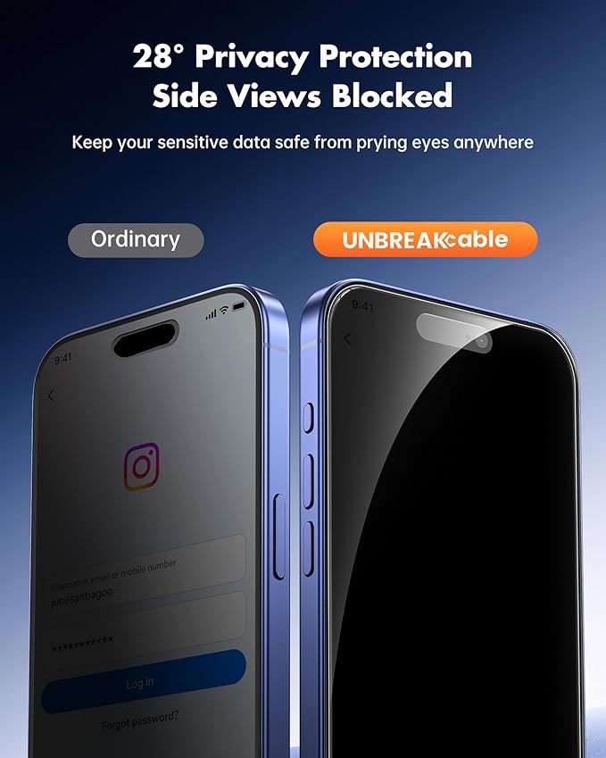 UNBREAKcable Privacy Screen Protector for iPhone 16, Anti-Spy Shatterproof Tempered Glass [True 28°Anti Spy] [9H Hardness] [Easy Installation Frame] Black Protector for iPhone 6.1" - 2 Pack