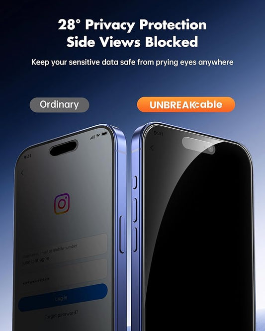 UNBREAKcable Privacy Screen Protector for iPhone 16, Anti-Spy Shatterproof Tempered Glass [True 28°Anti Spy] [9H Hardness] [Easy Installation Frame] Black Protector for iPhone 6.1" - 2 Pack