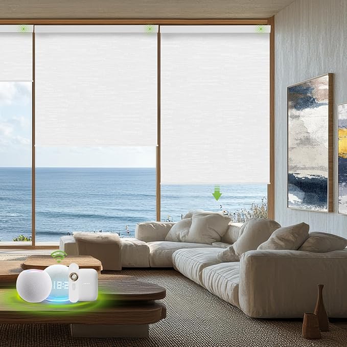 Motorized Blinds with Remote，100% Blackout Smart Blinds Motorized Roller Shades Compatible with Alexa Automatic Blinds for Windows Electric Window Blinds Customized Size Moonbeam Lace