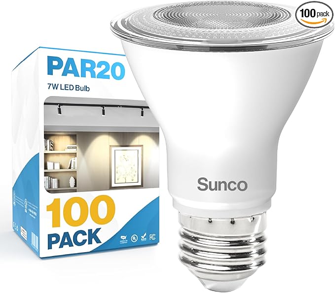 Sunco 100 Pack PAR20 LED Bulbs, Flood Light Bulb Outdoor, 500 LM, 7W (50W Equivalent), 4000K Cool White, E26 Medium Base, Dimmable, Track Lighting for Indoor/Outdoor Use, Wet Rated UL.