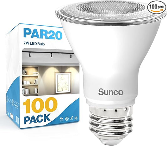 Sunco 100 Pack PAR20 LED Bulbs, Flood Light Bulb Outdoor, 500 LM, 7W (50W Equivalent), 4000K Cool White, E26 Medium Base, Dimmable, Track Lighting for Indoor/Outdoor Use, Wet Rated UL.