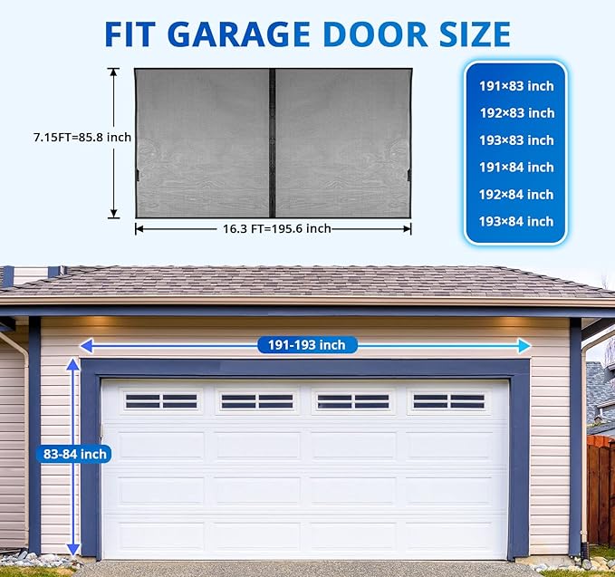 FEGO Grey Garage Door Screen for 2 Car 16x7FT, Magnetic Screen Doors with Retractable Fiberglass Mesh and Heavy Duty Weighted Bottom, Easy Assembly & Pass, Hands Free Screen Door for Entry Door