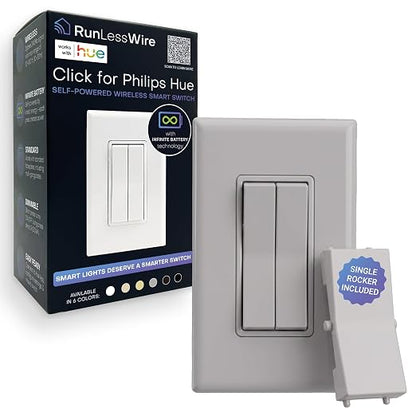 RunLessWire Click for Philips Hue Battery-Free Wireless Smart Switch Gray | Dimmable Kinetic Switch Pairs Natively to Philips Hue Bridge, 4 Programmable Buttons to Control Scenes & Areas, 100ft Range