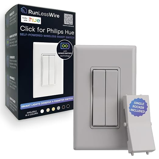 RunLessWire Click for Philips Hue Battery-Free Wireless Smart Switch Gray | Dimmable Kinetic Switch Pairs Natively to Philips Hue Bridge, 4 Programmable Buttons to Control Scenes & Areas, 100ft Range