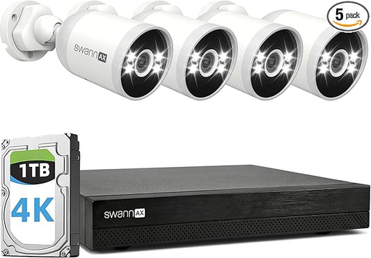Swann AdvancedX 4K Wired NVR Security Camera System, 8 Channels, 4 Outdoor PoE Cameras, 1TB Hard Drive Storage, Color Night Vision, Video Analysis (4 Bullet Cameras 8 Channel NVR 4K 1TB HDD)