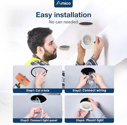 Amico 24 Pack 4 Inch 5CCT Gimbal LED Recessed Lighting, 360°&90° Adjustable Eyeball Directional Downlight, Dimmable, 2700K/3000K/3500K/4000K/5000K Selectable, CRI90+ 9W 700LM, ETL&FCC
