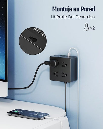 Power Strip, SUPERDANNY 4-Outlet 4-USB Surge Protector, 5 Ft Extension Cord, 900 Joules, Overload Switch, Grounded, Mountable, Desktop Charging Station for Home, Office, School, Dorm, Computer, Black