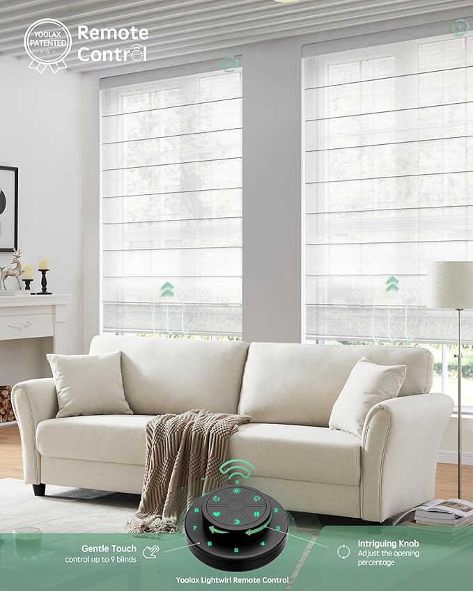 Yoolax Motorized Roman Shades with Remote, Smart Roman Shades for Windows, Semi Sheer Automatic Blinds Work with Alexa, Google Home, Apple Homekit for Living Room, Dining Room, Customized (White)