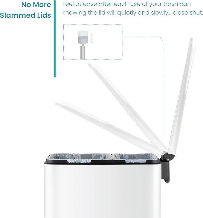 Home Zone Living 13 Gallon Slim Kitchen Trash Can with Dual Compartments for Recycling, Stainless Steel, White, 50 Liters Total