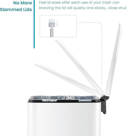 Home Zone Living 13 Gallon Slim Kitchen Trash Can with Dual Compartments for Recycling, Stainless Steel, White, 50 Liters Total