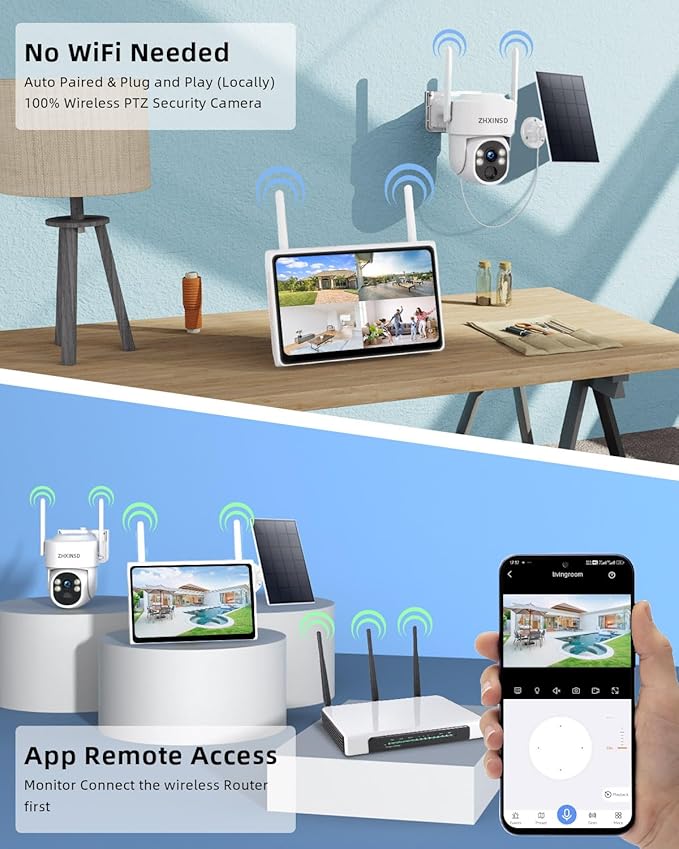 2.5K Outdoor Solar Wireless Security Camera System, 4-Camera Kit with 10" Monitor for Home Surveillance 360° View, 2.4/5GHz WiFi, Forever Power, 64GB Storage, No Subscription, No Monthly Fee