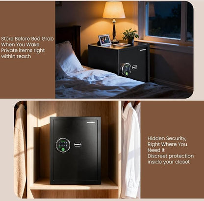 KornerBatl 35 lb Biometric Gun Safe, 4 Handgun Storage with Rack | 30 Fingerprint Storage, PIN Code Entry, Backlit Keypad, Quiet Access, LED Light, Emergency Keys, 2.03 cu. ft. Capacity