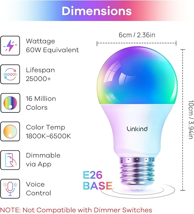 Linkind Smart Light Bulbs 1pk, Color Changing Light Bulbs Work with Alexa & Google Home, WiFi Smart Bulb 800LM Dimmable, 9W equivalent 60W Alexa LED Bulb A19 E26, Preset Scenes, 2.4Ghz WiFi Only